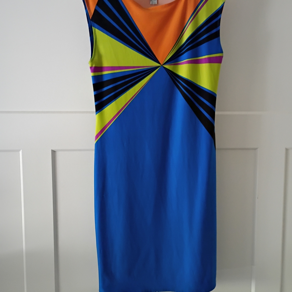 Aa Studio Blue Geometric Midi Dress with Orange & Lime Accents